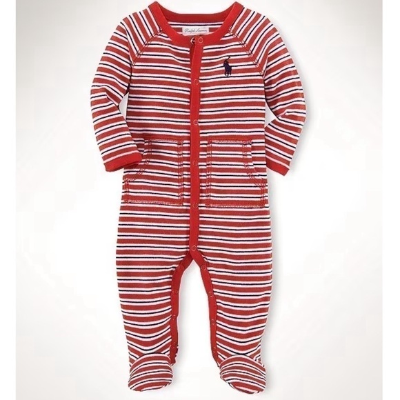 Ralph Lauren Long Sleeve Striped Footed Coverall in Red Multi Size 6 Months - Picture 1 of 15